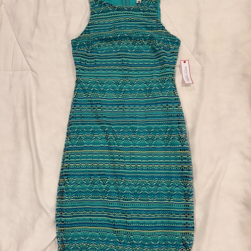 Bisou Bisou Teal and Black Patterned Midi Dress